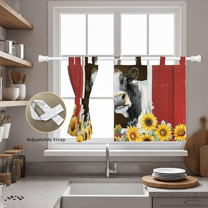 Cows Sunflowers Kitchen Curtains 36 Inch Length, Small Window Curtains Tab Top, Rustic Farms Barns Flowers Bees Animals Light Filtering Short Window Treatments Tier Drapes 27.5"x36" 2 Panel