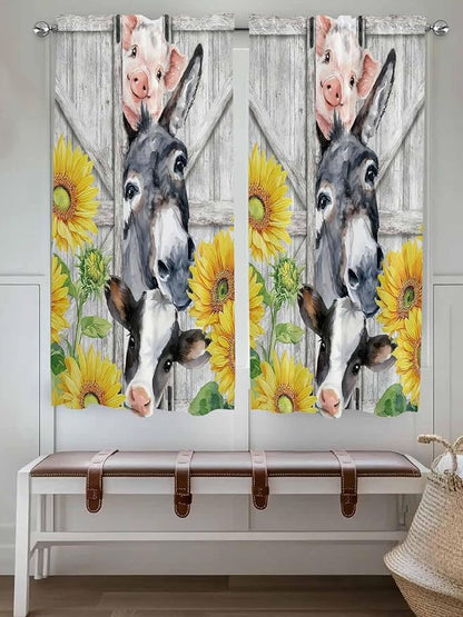 Farmhouse Living Room Curtains 72 Inches length, Watercolor Sunflowers Animals Printed Wood Grain Window Treatment Curtain Drapes, Light Filtering Drapes for Bedroom Laundry Room, 52"x72", 2 Panels