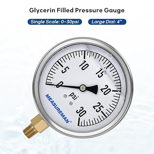 MEASUREMAN Glycerin Filled Plumbing Pressure Gauge 0-30psi Stainless Steel Case, 4" Dial 1/4" NPT Brass Lower Mount, Ideal for Residential Plumbing, Water Filtration Systems, Pneumatic Machinery