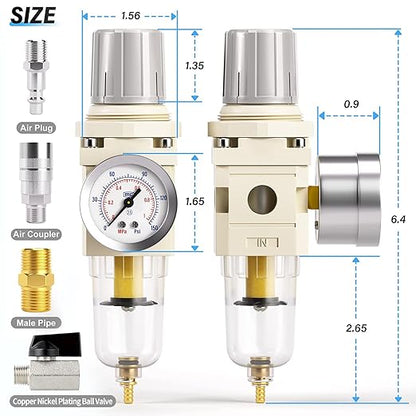 TAILONZ PNEUMATIC 1/4 Inch NPT Air Filter Pressure Regulator Combo Piggyback, 5 Micron Brass Element Air Tool Compressor Filter with Gauge AW2000-02