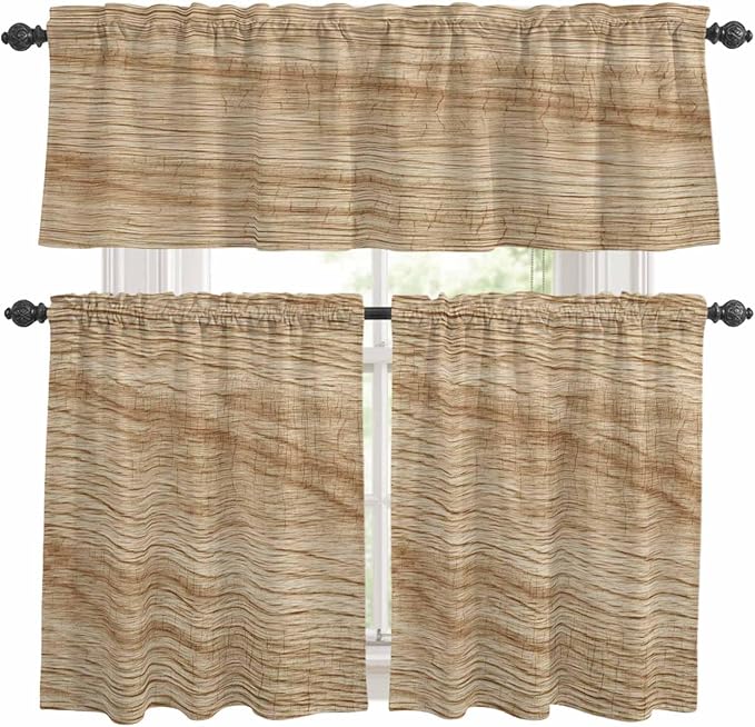 Kitchen Curtains Tiers and Valance Set of 3, Country Farmhouse Light Filtering Window Curtain Set, Vintage Brown Wooden Grain Rod Pocket Curtain Drapes for Cafe, Living Room, 24 Inches Tiers