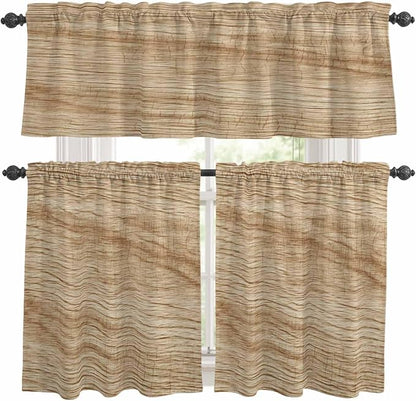 Kitchen Curtains Tiers and Valance Set of 3, Country Farmhouse Light Filtering Window Curtain Set, Vintage Brown Wooden Grain Rod Pocket Curtain Drapes for Cafe, Living Room, 24 Inches Tiers