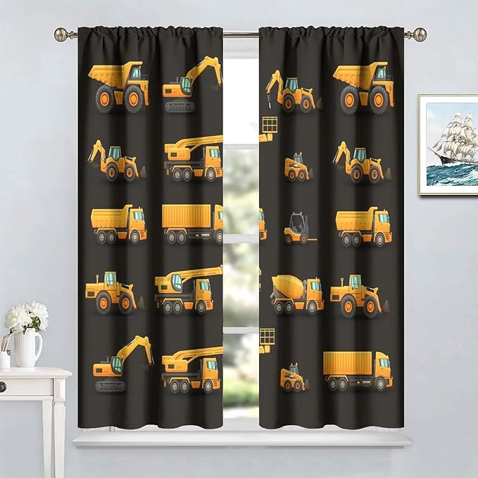Kids Construction Window Curtains, Construction Machinery Equipment Mode of Transport Bulldozer Tractor Windows Curtain for Children Teens Room Decor 42x63in (30% Blackout)