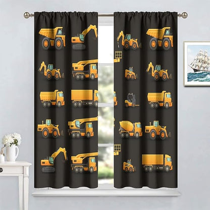 Kids Construction Window Curtains, Construction Machinery Equipment Mode of Transport Bulldozer Tractor Windows Curtain for Children Teens Room Decor 42x63in (30% Blackout)