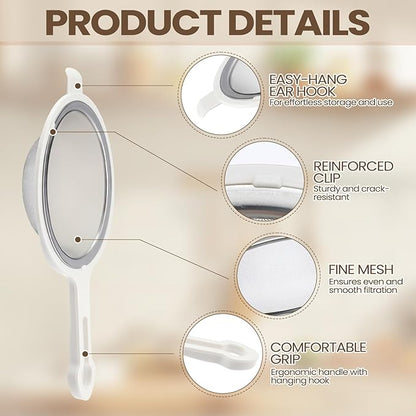 LemonRoad Set of 3 Stainless Steel Mesh Strainer 304 Fine Mesh Filters with Ergonomic Handles and Hanging Ears for Oil Filter Skimming Grease and Foam(White)