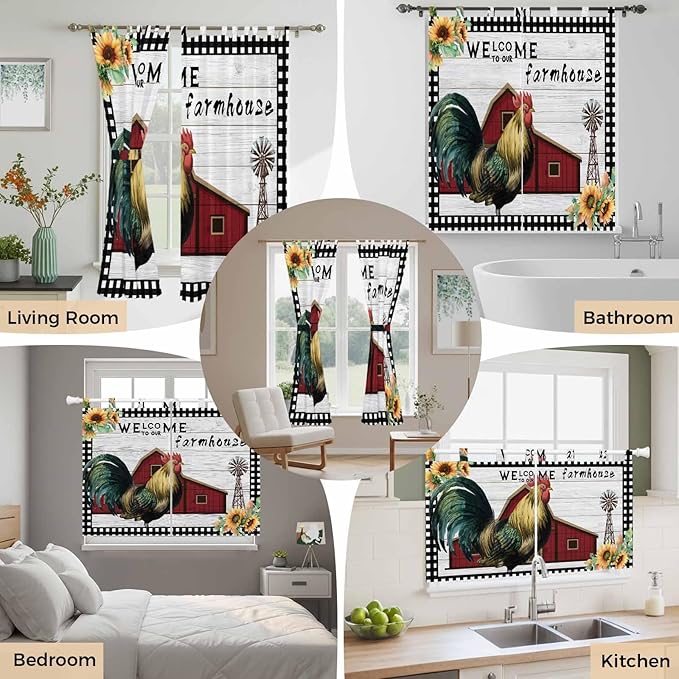 Farmhouse Rooster Kitchen Curtains 45 Inch Length, Short Cafe Window Curtains Tab Top, Rustic Red Barn Windmill Sunflowers Light Filtering Window Treatments Tier Drapes 27.5"x45" 2 Panel