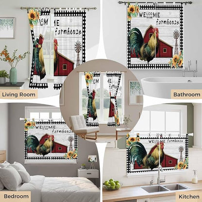 Farmhouse Rooster Kitchen Curtains 45 Inch Length, Short Cafe Window Curtains Tab Top, Rustic Red Barn Windmill Sunflowers Light Filtering Window Treatments Tier Drapes 27.5"x45" 2 Panel