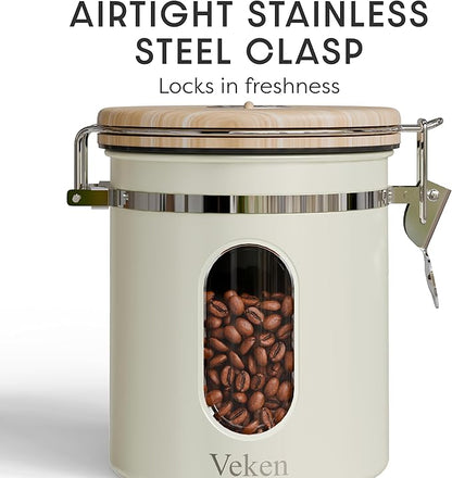 Veken Coffee Sugar Canister with Window, Airtight Stainless Steel Kitchen Food Storage Container with Lids, Date Tracker and Scoop for Grounds Coffee, Beans, Tea, Flour, Cereal Jars, 16OZ, Cream