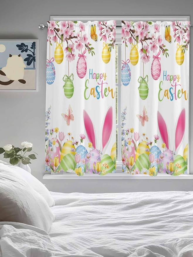 Happy Easter Bedroom Curtains 63 Inches length, Spring Watercolor Bunny Eggs Flower Branch Window Treatment Curtain Drapes, Rod Pocket Curtain Panels for Living Room Kitchen, 42"x63", 2 Panels