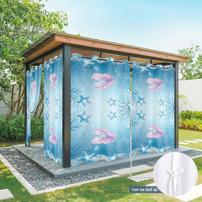 Ocean Shell Outdoor Curtains for Patio Corals Starfish Summer Marine Waterproof Outside Curtains with Grommet Top Weatherproof Curtain for Cabana Pergola Gazebo, 2 Pack, 54" W x 84" L