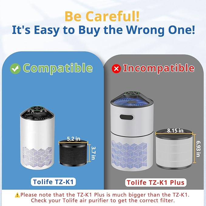 2 Pack TZ-K1 Replacement Filter Compatible with ToLife TZ-K1 Air Puri-fier, MK01 MK06, FreAire KN6391 Air Purifiers and VOOPNU DH-JH12 Air Purifier, 3-in-1 HEPA High-Efficiency Activated Carbon Filter