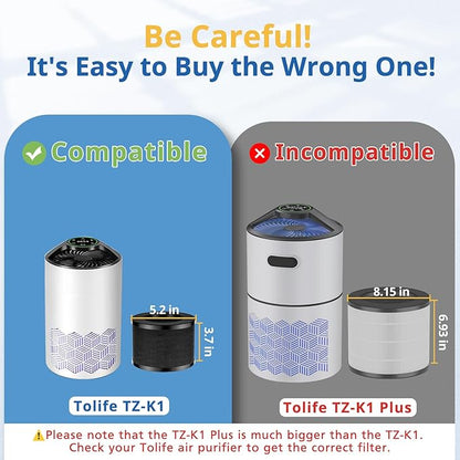 2 Pack TZ-K1 Replacement Filter Compatible with ToLife TZ-K1 Air Puri-fier, MK01 MK06, FreAire KN6391 Air Purifiers and VOOPNU DH-JH12 Air Purifier, 3-in-1 HEPA High-Efficiency Activated Carbon Filter
