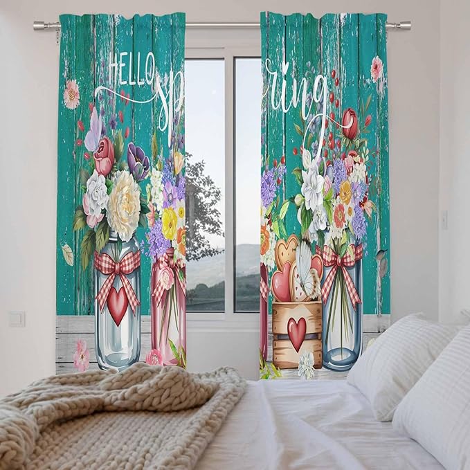 Spring Flowers Kitchen Curtains, Farmhouse Watercolor Teal Wood Grain Light Filtering Window Curtain Panels, 2Pcs Rod Pocket Window Treatments Set for Living Room Bathroom Bedroom 52x72 Inches