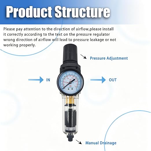 HengMinLingTong 1/4" NPT Compressed Air Filter Regulator Combo Piggyback, 5 Micron Brass Element, Poly Bowl Auto Drain, Metal Bracket, 0-150 psi AW2000-02D