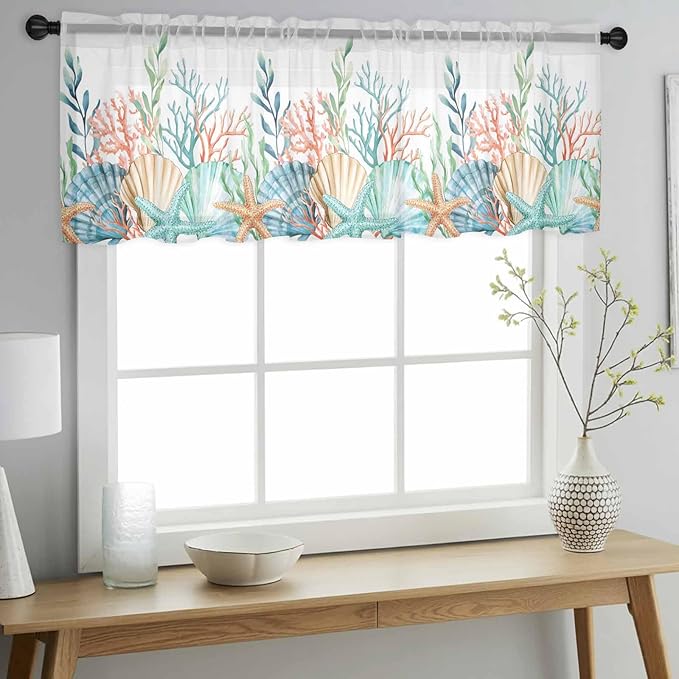 Summer Beach Sheer Valance Curtains, Ocean Colorful Coral Shell Seaweed Starfish Light Filtering Kitchen Valances Rod Pocket Voile Curtain Window Treatment for Bedroom/Living Room/Basement 60Wx18L