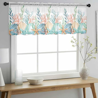 Summer Beach Sheer Valance Curtains, Ocean Colorful Coral Shell Seaweed Starfish Light Filtering Kitchen Valances Rod Pocket Voile Curtain Window Treatment for Bedroom/Living Room/Basement 42Wx12L