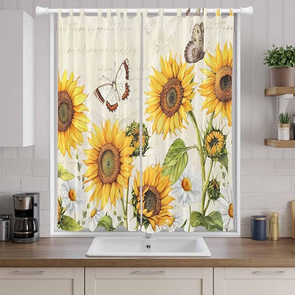 Farm Sunflowers Living Room Curtains 96 Inch Length, Window Curtains Tab Top, Retro Flowers Butterfly Botanical Beige Light Filtering Window Treatments Drapes 52"x96" 2 Panel