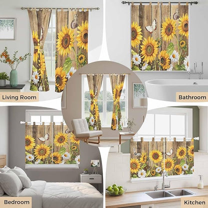 Farmhouse Sunflowers Bedroom Curtains 72 Inch Length, Window Curtains Tab Top, Rustic Floral Buttterfly Wood Board Brown Light Filtering Window Treatments Drapes 52"x72" 2 Panel