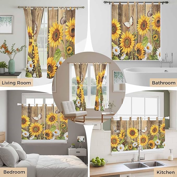 Farmhouse Sunflowers Kitchen Curtains 45 Inch Length, Short Cafe Window Curtains Tab Top, Rustic Floral Buttterfly Wood Board Brown Light Filtering Window Treatments Tier Drapes 27.5"x45" 2 Panel