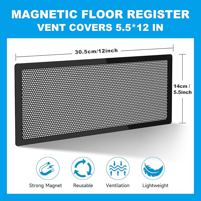 6 PCS Magnetic Vent Covers - 5.5"x12" Magnetic Air Vent Screen - for Floor/Wall/Ceiling Registers - Easy Install, Secure Fit - Durable(Fits Registers 5.5" to 6.5" Wx 12" to13" L)