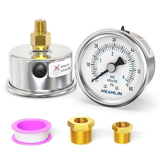 MEANLIN MEASURE 0~60Psi Dry Pressure Gauge Stainless Steel 1/8" NPT 2" FACE DIAL Waterproof for Pool Filter Pump Oil Air Compressor Tire Pressure Tester Back Mount with 1/4"NPT and 3/8"NPT Hex Bushing