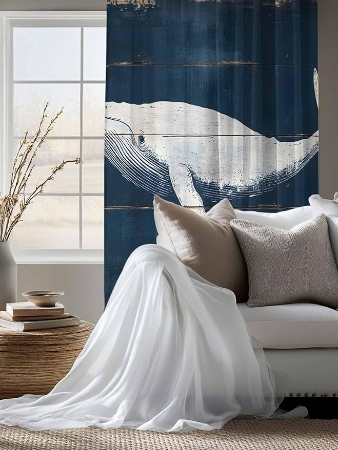 Sheer Curtains 72 Inches Long, Ocean Whale Blue Semi Sheer Curtains Light Filtering Window Treatment, Watercolor Coastal Vintage Wood Grain Privacy Voile Drapes for Living Room Bedroom 52x72 Inch