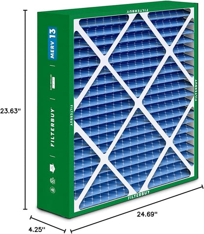 Filterbuy 24x25x5 Air Filter MERV 13 Optimal Smoke & Allergy Defense (4-Pack), Electrostatic Pleated HVAC AC Furnace Filters for Carrier FILXXCAR0024, Maytag & More (Actual Size: 23.63 x 24.69 x 4.25)