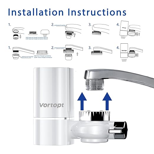 Vortopt Advanced Sink Faucet Filter,NSF Certified Faucet Installation System,400 Gallon Capacity,Can Reduce 99% Chlorine and Odors,with 1 Water Filter（T1-White）