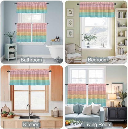 Kitchen Window Curtains Valance and Tier Set, Farm Colorful Wooden Plank Rod Pocket Tier Curtain Valance Set, Rustic Wood Grain Barn Light Filtering Cafe Curtains for Bedroom Living Room