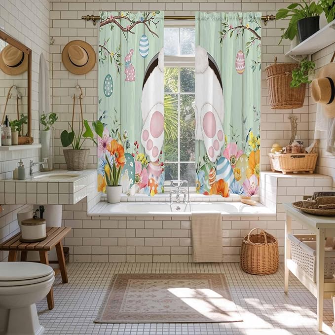 Easter Window Curtains 63 Inch Long 2 Panel Set, Rod Pocket Bedroom Curtains & Drapes, Spring Watercolor Bunny Eggs Wooden Grain Green Light Filtering Window Treatment for Living Room 42"W x 63"L