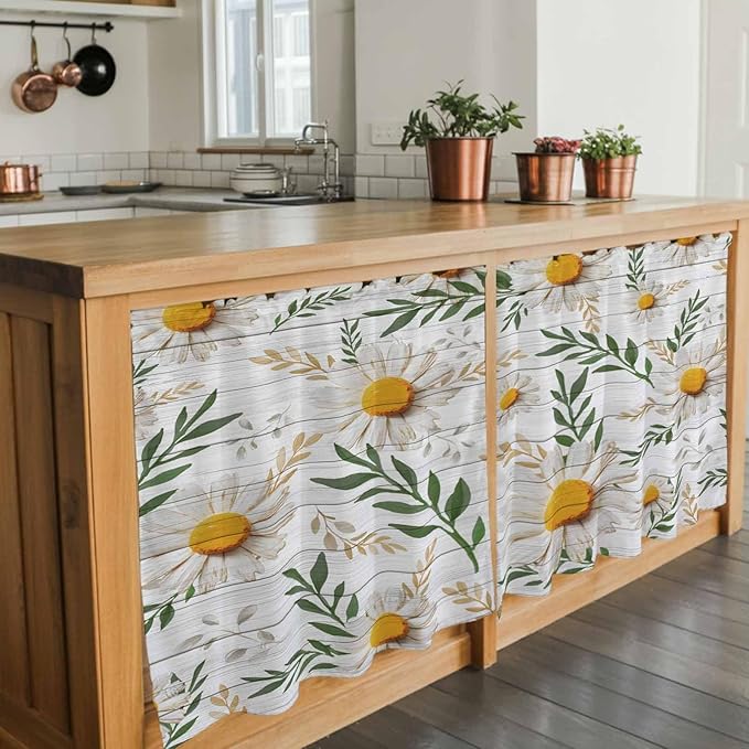 Spring Daisy Tier Curtains, Farmhouse Country Flower Leaf Plant Wood Grain Light Filtering Kitchen Curtains, 2Pcs Rod Pocket Half Window Treatments Panels for Sink Cafe Cabinet Camper 27.5x36 Inches