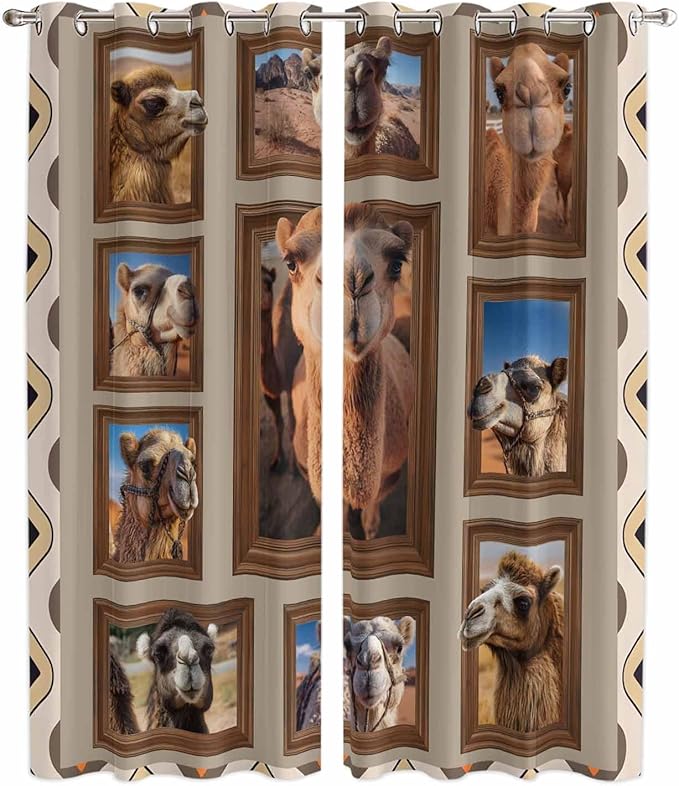 2 Panel Kitchen Cafe Curtains, Desert Camels Sunlight Filtering Nature Air Through, Home Decor Window Covering Tier Curtains for Living Room 80W x 84L inch Western Wildlife Brown Animals Country