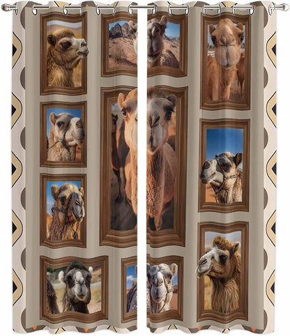 2 Panel Kitchen Cafe Curtains, Desert Camels Sunlight Filtering Nature Air Through, Home Decor Window Covering Tier Curtains for Living Room 104W x 90L inch Western Wildlife Brown Animals Country