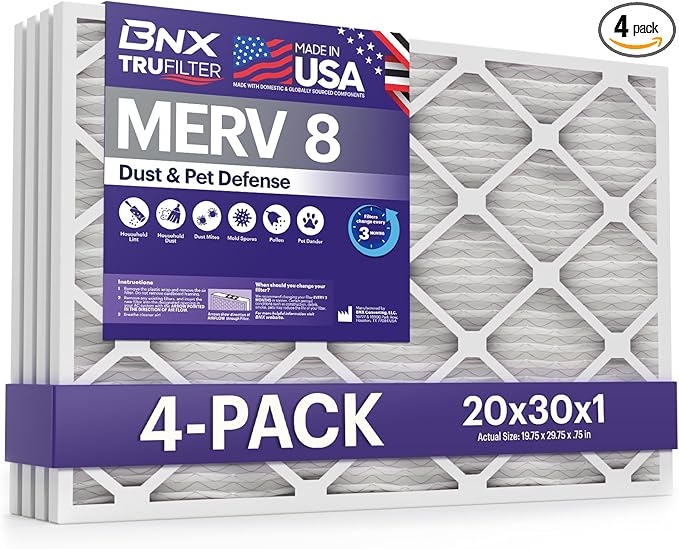 BNX TruFilter 20x30x1 Air Filter MERV 8 (4-Pack) - MADE IN USA – Dust & Pet Defense Electrostatic Pleated Air Conditioner HVAC AC Furnace Filters for Dust, Pet, Mold, Pollen MPR 600 – 700 & FPR 5