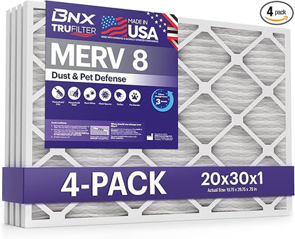 BNX TruFilter 20x30x1 Air Filter MERV 8 (4-Pack) - MADE IN USA – Dust & Pet Defense Electrostatic Pleated Air Conditioner HVAC AC Furnace Filters for Dust, Pet, Mold, Pollen MPR 600 – 700 & FPR 5