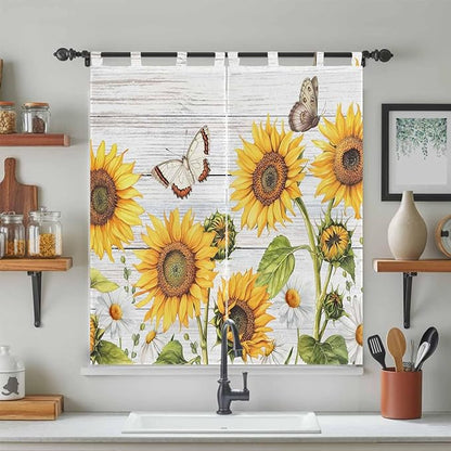 Yellow Sunflowers Living Room Curtains 84 Inch Length, Window Curtains Tab Top, Vintage Country Flowers Butterfly Wood Board Light Filtering Window Treatments Drapes 42"x84" 2 Panel