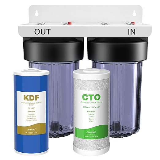 SimPure Whole House Water Filter System, 2 Stages Clear Home Water Pre-Filtration with Carbon and KDF Filters, Reduce Iron, Chlorine, Manganese, Heavy Metals, 1" NPT Brass Port(DB10C-2KDF)
