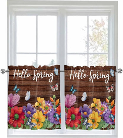 Spring Flowers Half Window Curtains 24 Inches Long, Watercolor Farmhouse Colorful Wooden Grain Window Treatment Curtain Drapes, Short Curtains Tiers for Kitchen Over Sink, 27.5"x24", 2 Panels