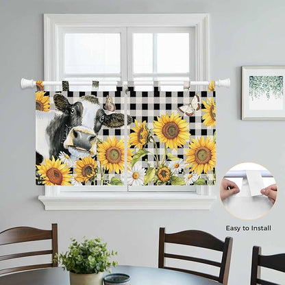 Retro Sunflowers Kitchen Curtains 36 Inch Length, Small Window Curtains Tab Top, Farmhouse Floral Cow Butterfly Black Plaid Light Filtering Short Window Treatments Tier Drapes 27.5"x36" 2 Panel