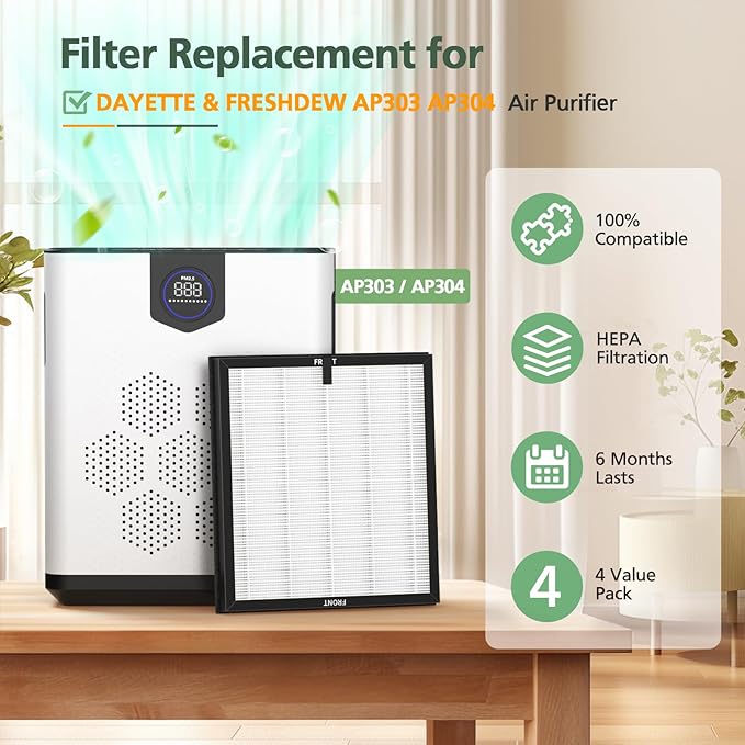 AP303 AP304 Replacement Filters, Compatible with DAYETTE AP303/AP304/AP305/AP405 Air Purifier, and for FRESHDEW AP303/304 Purifier, HEPA Filter with 3 Stage Filtration, 4 Pack (Standard-White)