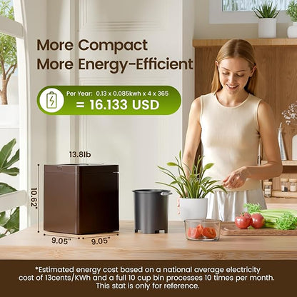 TOPZEE Electric Composter:3L Kitchen Compost Bin Countertop Indoor Odorless, Kitchen Composter Auto-Cleaning, Turns Waste into Natural Fertilizer with a Single Button, Dark Brown