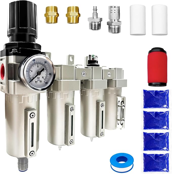 Upgraded 3/4" NPT Industrial Grade 4 Stage Air Drying System, Particulate Filter, Coalescing Filter, Desiccant Dryer & Air Regulator - for Plasma Cutter, Paint Spray, 3Filter&1Dryer System，Auto Drain