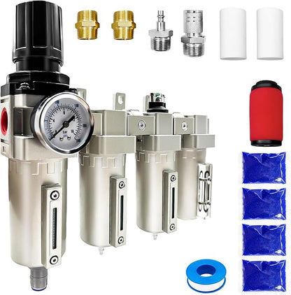Upgraded 3/4" NPT Industrial Grade 4 Stage Air Drying System, Particulate Filter, Coalescing Filter, Desiccant Dryer & Air Regulator - for Plasma Cutter, Paint Spray, 3Filter&1Dryer System，Auto Drain