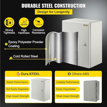 VEVOR NEMA Steel Enclosure, 16 x 12 x 8'' NEMA 4X Steel Electrical Box, IP66 Waterproof & Dustproof, Outdoor/Indoor Electrical Junction Box, with Mounting Plate