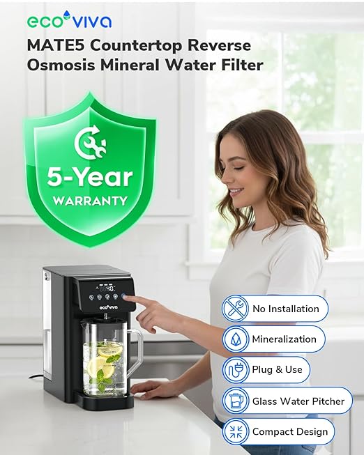 Ecoviva Mate 5 Countertop Reverse Osmosis Water Filter, 8-Stage RO Water Filtration System with 40 oz Water Pitcher, Alkaline Mineralization pH+, Compact Design, Meets NSF/ANSI 58 Standard, Black