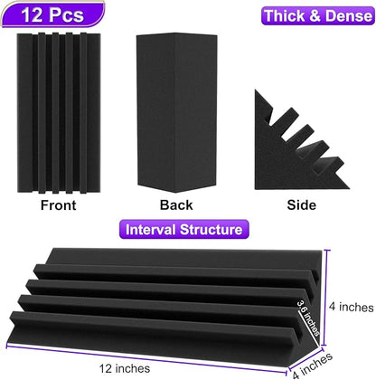 TroyStudio Bass Traps - 12 Pcs 4 X 4 X 12 Inches Dense Thick Studio Bass Foam Corner, Acoustic Treatment Panel Absorbing Echo Reverb, Low Frequency Sound Absorber for Music Room Home Recording Studio