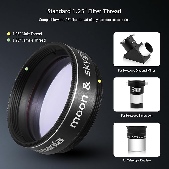 Astromania Telescope Moon Filter 1.25 Inch, Moon Skyglow Filter Reduces Moon Glare & Enhances Lunar Crater Detail, Eyepiece Accessory for Astronomy Beginner, Work with Telescope Accepts 1.25" Eyepiece