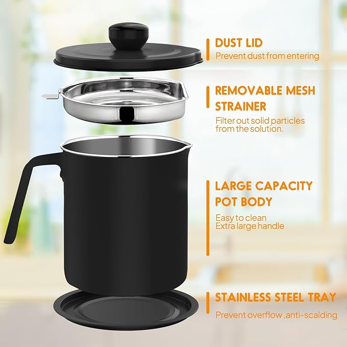 Chihee Grease Container Stainless Steel Bacon Grease Saver with Fine Mesh Strainer 2L / 67.6 fl oz Oil Container Grease Can with Dust-proof Lid Non-slip Tray for Kitchen Storing Frying Cooking Grease