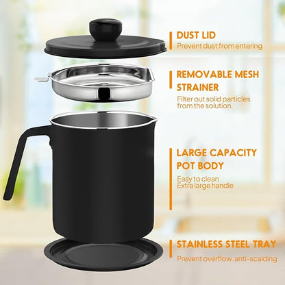 Chihee Grease Container Stainless Steel Bacon Grease Saver with Fine Mesh Strainer 2L / 67.6 fl oz Oil Container Grease Can with Dust-proof Lid Non-slip Tray for Kitchen Storing Frying Cooking Grease