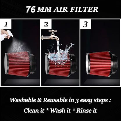Red 3" 76mm Inlet Cone Replacement Dry Air Filter High Flow Car Performance Cold Air Intake Filter
